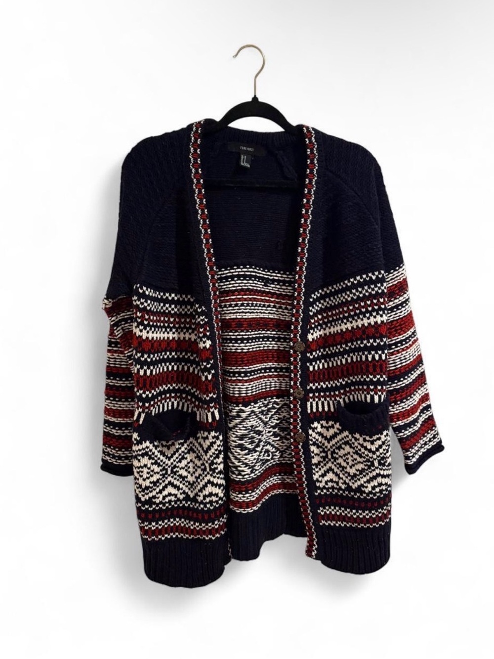 Forever 21 Navy Geometric Knit Cardigan Women’s Medium Cozy Soft Fall Winter